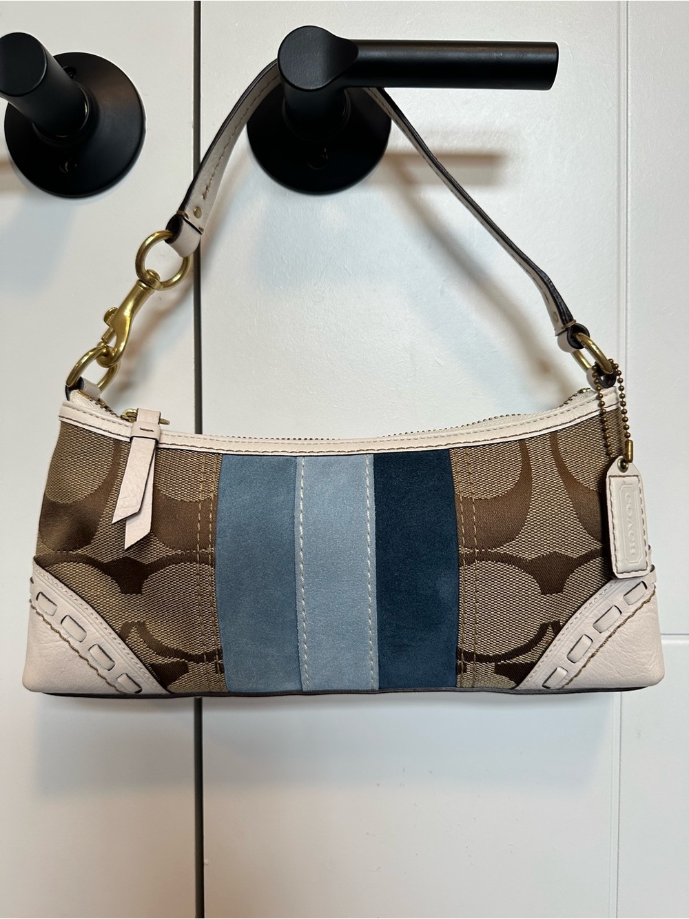 🩵 Vintage Coach Brown Signature Canvas Shoulder Bag with Blue Suede Stripes